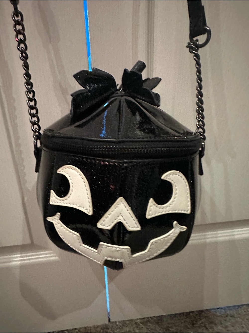 Black Pumpkin Crossbody Bag with White Jack-O'-Lantern Face